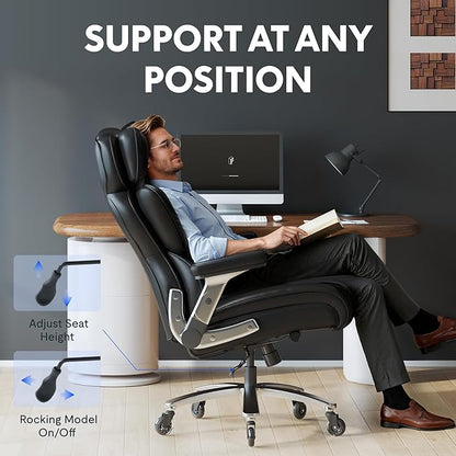 FLEXISPOT 600lbs Big and Tall Office Chair for Heavy People, Heavy Duty Computer Desk Chair with Dynamic Lumbar Support 2D Armrest Blade Wheels, Chairs for Home Office Gaming Working, Leather, Black