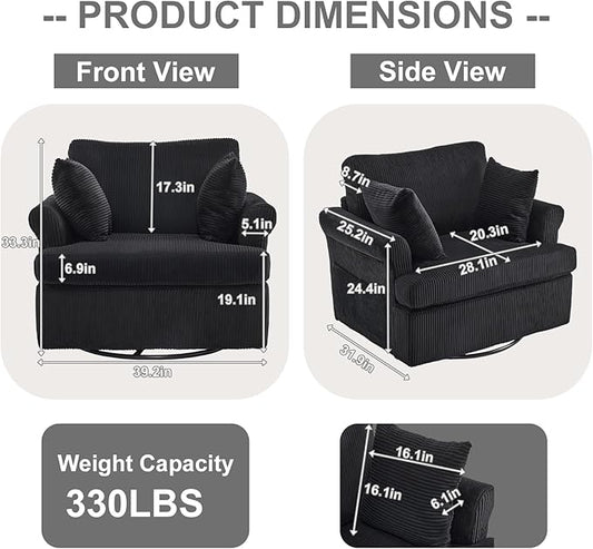 Karl home Swivel Accent Chair Set of 2, 39" Oversized Armchair W/2 Pillows and 4 Pockets,Modern Corduroy Barrel Chairs,Comfy Single Sofa for Living Room,Reading,Bedroom and Office-Black