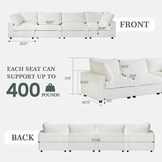 Modular Sectional Sofa, 157.48" Oversized Cloud Couch, 4 Deep Seat Comfy Modular for Living Room, Plush Cushion Covers Removable, Beige