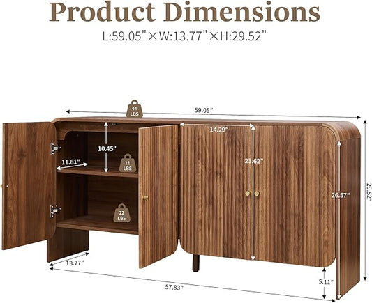 59” Large Buffets Sideboard Cabinet with Storage, Fluted Curved Credenza Buffet Table Storage Cabinet with 4 Doors, Modern Wood Accent Console Table Coffee Bar for Living Room Kitchen Hallway, Walnut