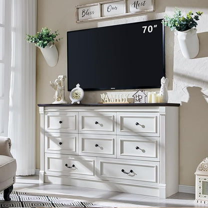 Farmhouse 8 Drawers Dresser for Bedroom, 61" Wide Large Dressers & Chests of Drawers w/Roman Column, Storage Dressers Organizer for Bedroom, Hallway, Living Room, White