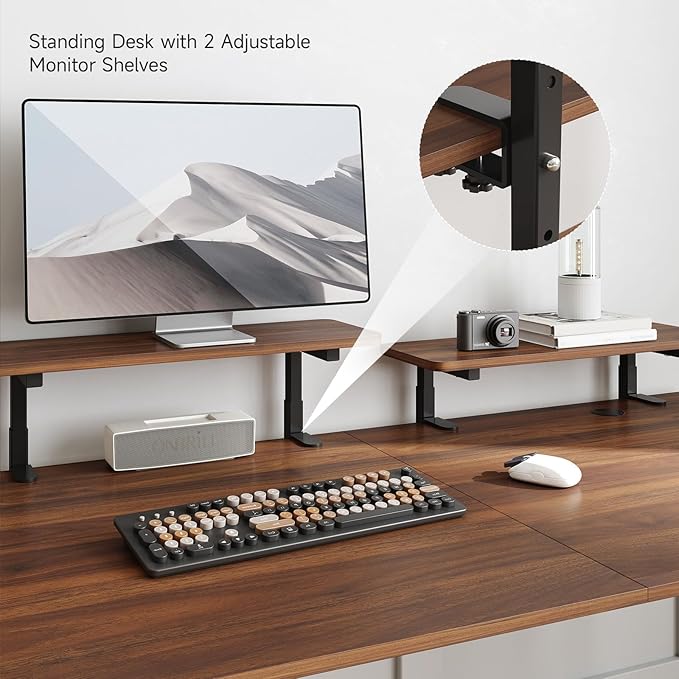 ONBRILL Standing Desk with 2 Adjustable Monitor Shelves, 71 x 24 Inches Electric Stand Up Desk with Memory Controller and Adjustable Height from 28-46 inches for Computer Workstations, Walnut