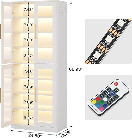 Tribesigns Tall Shoe Storage Cabinet with Acrylic Doors and LED Lights, 8-Tier Shoe Organizer Rack with Adjustable Shelves and Hanging Hooks for Narrow Closet, Hallway, Living Room, White (Set of 2)