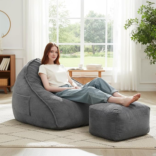 Cloud Bean Bag Chair with Ottoman for Adults, Comfy Corduroy Chaise Lounge Chair with High-Resilience Foam, Oversized Boneless Reading Chair for Bedroom & Living Room (Grey)
