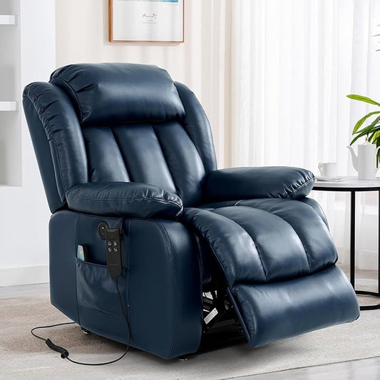 TEKAMON Power Lift Recliner Chair for Elderly with Heat & Massage, Dual Motor Breathable Leather Recliner, Lay Flat Sleeping Chairs with Infinite Position, RemoteControl & USB Ports(Deep Blue)