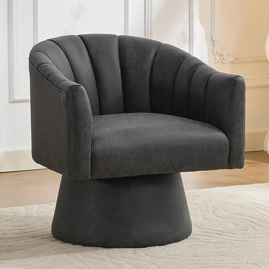 Swivel Accent Chair, Faux Leather 360° Swivel Barrel Chair Upholstered Modern Living Room Chair, Overstuffed Reading Armchair for Bedroom,Vanity,Office-Black