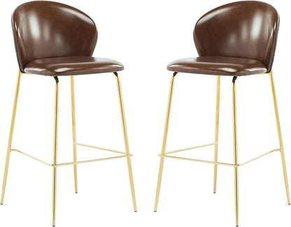 Christopher Knight Home Kira Indoor Upholstered Barstool with Metal Frame Set of 2, Bar Chairs Kitchen Stools, Comfy Faux Leather Bar Seating for Island Kitchen, 29.5''Seat Height, Dark Brown+Gold