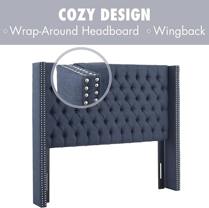 Madison Park King Button Tufted Headboard, Adjustable Upholstered Wingback Headboard, Nailhead Trim, Wooden Frame, Black Metal Legs, Flush Flat Back, Vintage Bedroom Décor - Navy Amelia