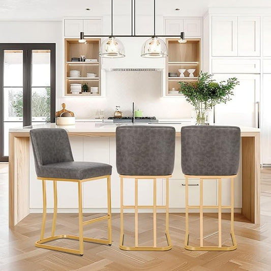Sophia & William Counter Height Bar Stools Set of 3, Modern PU Leather Kitchen Island Stools,Gold Polished Bar Chairs,Grey & Gold