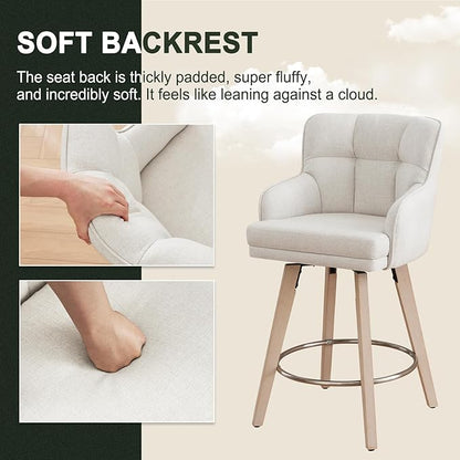 360°Swivel Counter Height Bar Stools with Back, 26 inch Solid Wood Legs, Bar Stool Modern Kitchen Island Chairs, Fabric (Beige- Fabric, 26" H- Set of 2)