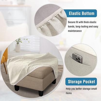 H.VERSAILTEX Durable Ottoman Cover Linen Look Storage Ottoman Slipcover Thick Footrest Stool Covers with Storage Side Pocket for Square Ottoman Fit Length 24"-25" Footrest - Heather Ivory