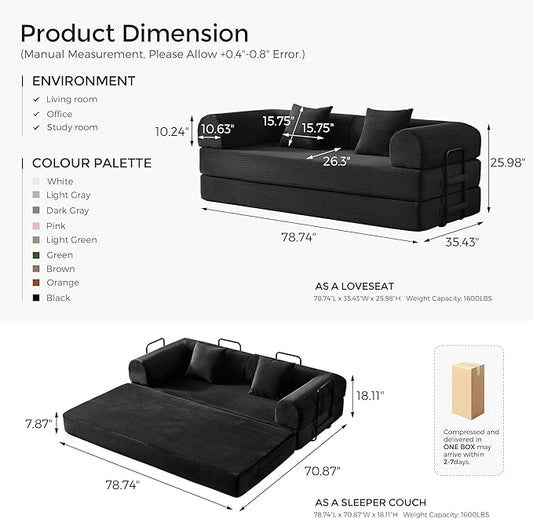 79" Convertible Sofa Bed with Fixed-Shape Frame & Removable Armrests, Modular Corduroy Sleeper Sofa, Folding Mattress Couch for Small Spaces - No Assembly Needed in Black (Includes 2 Pillows)