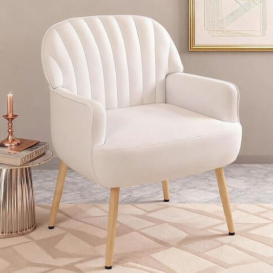 Velvet Accent Chair, Modern Upholstered Single Living Room Chairs with Tufted Back, Cozy Sofa Side Armchair with Metal Legs for Bedroom/Office/Reading Room, Beige