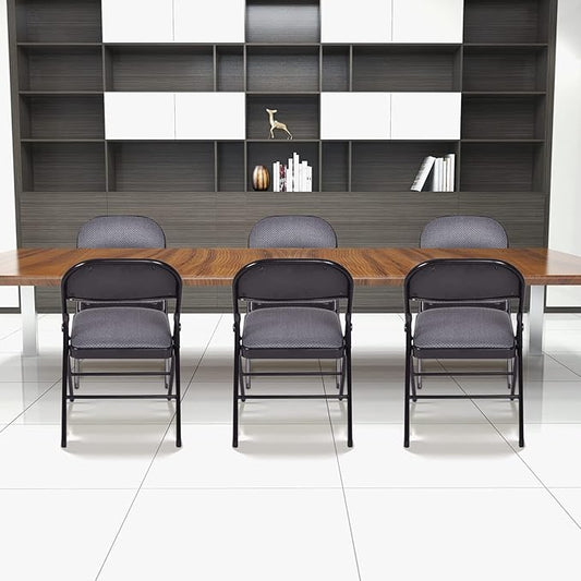 GOFLAME 6 Pack Folding Chairs, Fabric Dining Chair Set with Padded Seat & Metal Frame, Indoor Outdoor Upholstered Commercial Seat for Home Office Events Wedding Party, Grey & Black