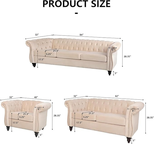 Living Room Velvet Sofa and Loveseat set, Mid Century Modern Upholstered Couch with Cushions, 2-Piece Home Sofa Furniture Sets, Comfy Tufted Chesterfield Couches for Living Room, Bedroom, Office