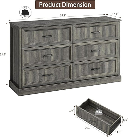 Farmhouse 6 Drawer Dresser for Bedroom, 55 Inch Wide Modern Grey Dresser TV Stand with Large Drawers & Bar Handles, Rustic Wood Chest of Drawers for Bedroom, Living Room