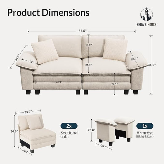 HERA'S HOUSE 88" Modular Sectional Sofa, Loveseat Couches for Living Room, Comfy Cloud Couch 2-Seater Deep Seat Sofa with Throw Pillow, Chenille Beige