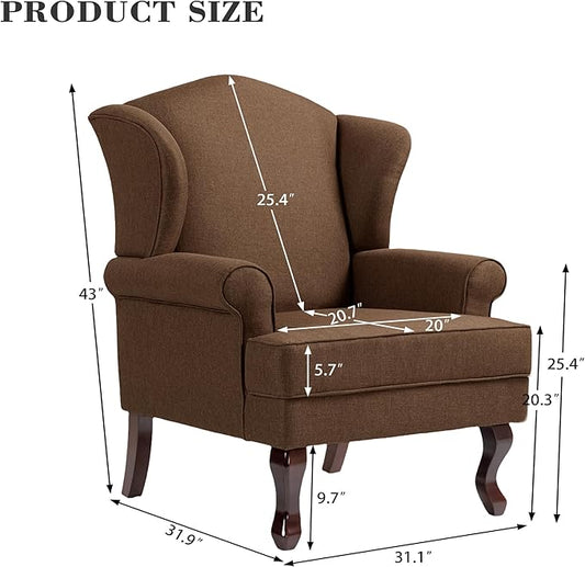 Pia Ricco High Back Floral Accent Chair, Upholstered Fabric Armchair with Solid Wood Legs - Retro Living Room Reading Chair, Comfortable Single Sofa Seat-Coffee