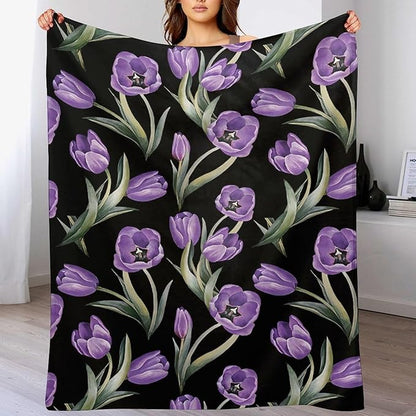 Purple Tulip Blanket Flower Gifts for Girls Women Tulip Floral Throw Blanket for Kids Adults Soft Warm Cozy Fleece Blanket for Couch Sofa Bed 50"x60"