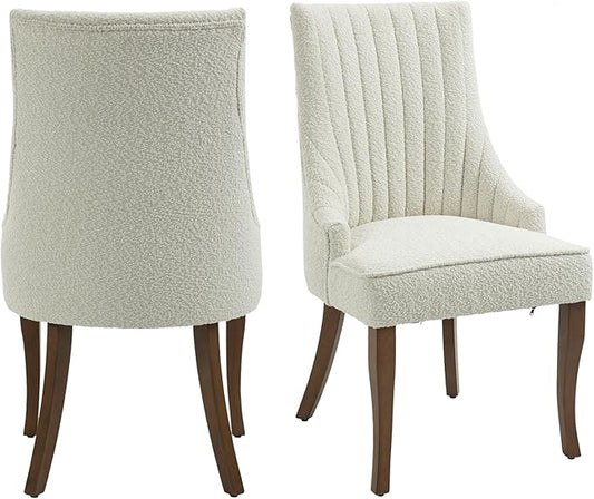 mikibama Boucle Dining Chairs Set of 2 Channel Tufted Kitchen Dinner Chair Comfy Teddy Fabric Upholstered Accent Chair for Dining Room with Solid Wood Legs (Off White 2pc)