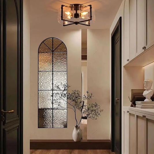 Bofea-Industrial Flush Mount Ceiling Light, Black Circular 4-Lights Farmhouse Hallway Light Fixture, Water Ripple Flush Mount Fixture Perfect for Kitchen Island,Dining Room and Hallway.