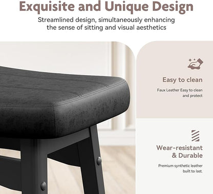ALPHA HOME Bar Stools Set of 3, Solid Wood Saddle Kitchen Stools with Black PU Leather Cushion Counter Height Barstools with Wooden Base for Kitchen Dining Cafe, 24 Inch, Black, 3PCS