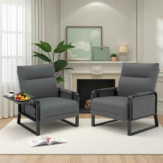 Faux Leather Accent Chairs Set of 2 with Flip Up Tray Tables Soft Backrest for Living Room Office Bedroom Modern Accent Chairs, Gray