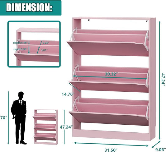 Shoe Storage Cabinet for Entryway with 3 Flip Drawers, Sturdy Wood Hidden Shoe Storage, Freestanding Narrow Slim Shoe Organizer for Front Door Entrance, Living Room, Hallway, Bedroom, Pink