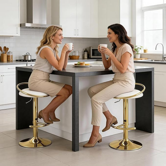 Bar Stools Set of 2, Adjustable Swivel Counter Height Barstools with Upholstered Seat, PU Leather Counter Stools for Bar, Kitchen Island, Dining Room, Gold