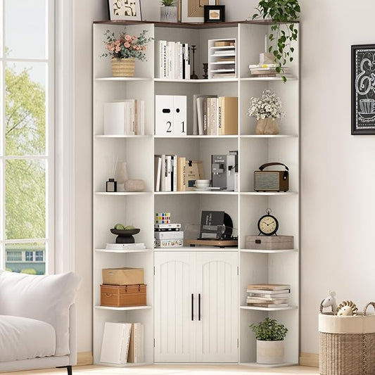 74" Tall Corner Bookshelf with 2 Arched Doors, 6-Tire L Shaped Bookcase with 16 Open Storage Shelves, Rustic Large Corner Shelf with Cabinet for Living Room, Home Office