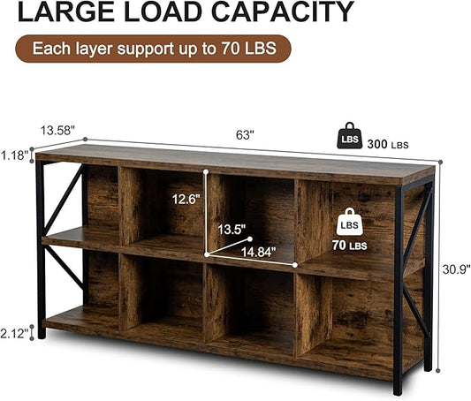 8 Cube Storage Organizer Bookshelf, Industrial Horizontal Bookcase, Accent Cubby Shelf, Media Console Table for Living Room, Home Office, 13.6" D x 63" W x 30.9" H, Rustic Brown
