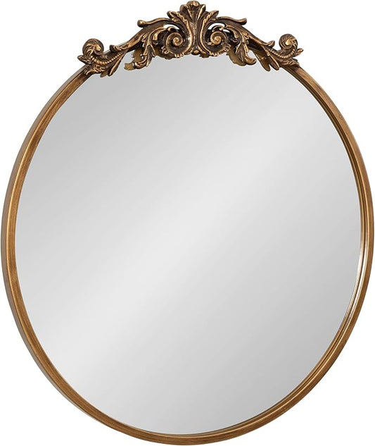 Kate and Laurel Arendahl Ornate Glam Round Mirror; 24 Inch Diameter; Gold; Dramatic Baroque Style Wall Mirror for Vintage Antique Inspired Home Decor Aesthetic