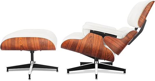 Top White Grain Leather, Mid Century Chaise Lounge Chair and Ottoman, Modern Chair Classic Design, Palisander Wood, Heavy Duty Base Support for Living Room Office