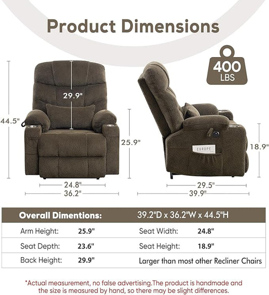 ABCASA Oversized Dual Motor Lay Flat Power Lift Recliner Chair with Massage, Heating, Lumbar Pillow, USB & Type-C Ports, Textile Lift Chairs Recliners, Large Recliner for Big & Elderly People - Brown