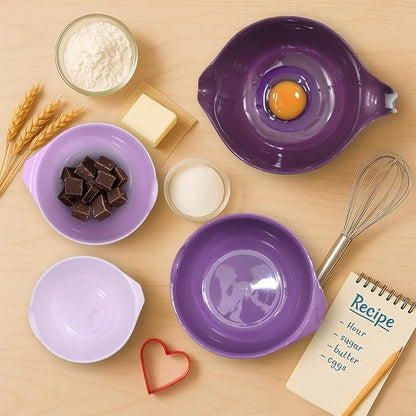 Glad Mixing Bowls with Pour Spout, Set of 4 - Nesting Plastic Bowls (1.2qt, 1.9qt, 2.8qt, and 3qt with Handle) - Non Slip Base, Dishwasher Safe Kitchen Cooking and Baking Supplies, Purple