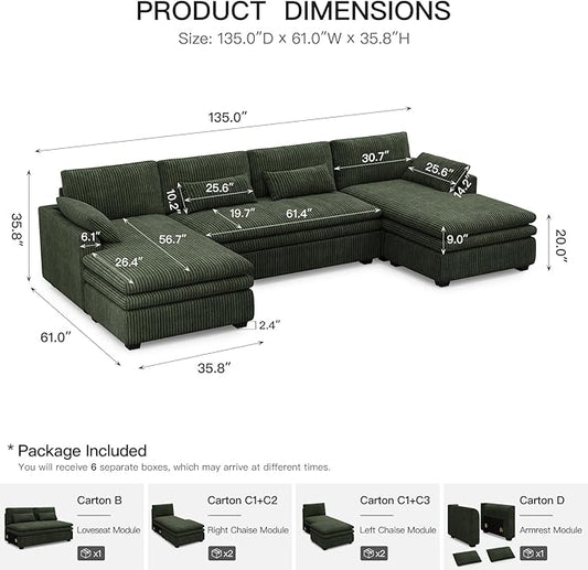 Belffin Large Modular Sectional Sofa with Double Deep Chaise, 135" Corduroy U Shaped Sectional Couch with 9" Soft Dual-Layer 6 Seats U Shaped Couch for Living Room, Apartment, Green