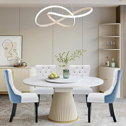 Leather Upholstered Dining Chairs Set of 4, Modern Style Kitchen Side Chairs with Nailhead Trim and Wood Leg, Metal Pulling Ring for Dining Room Living Room(White&Blue,Set of 4)