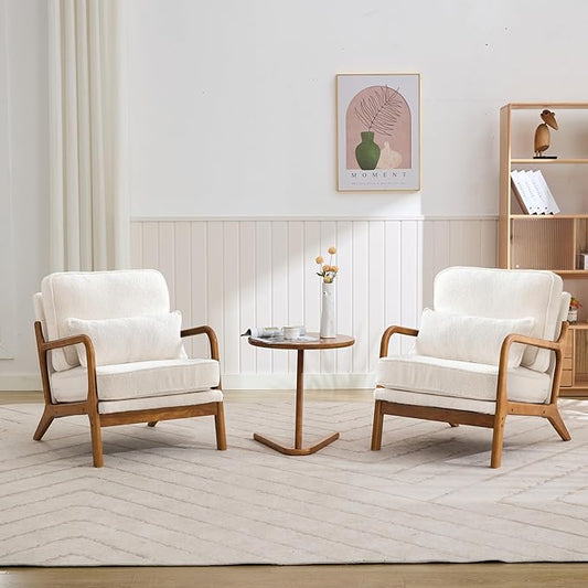 Mid-Century Accent Chair Set of 2,Sherpa Fabric Lounge Chair with Wide Armrest,Sherpa Fabric Armchair with Lumbar Pillow & Solid Wood Frame for Living Room, Bedroom, Balcony(White)