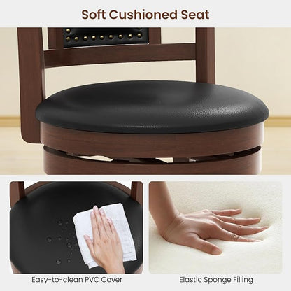COSTWAY Bar Stools Set of 4, 25.5” Swivel Upholstered Counter Height Bar Stool with Curved Backrest & Cushioned Seat, Solid Rubber Wood Legs & Resting Footrest, for Kitchen Island (4, 25.5”)