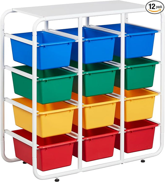 ECR4Kids 4-Tier Storage Rack with 12 Cubby Bins 4x3, Multipurpose Organization, Primary