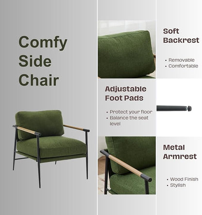 HEAH-YO Modern Accent Chair Set of 1, Upholstered Linen Fabric Living Room Chair with Backrests and Metal Legs, Comfy Reading Side Armchair for Bedroom, Green