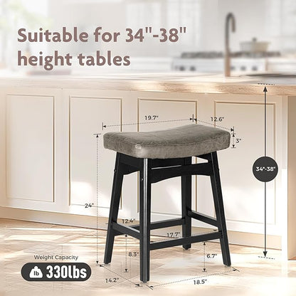 ALPHA HOME Bar Stools Set of 4, Solid Wood Saddle Kitchen Stools with Grey PU Leather Cushion Counter Height Barstools with Wooden Base for Kitchen Dining Cafe, 24 Inch, Grey, 4PCS
