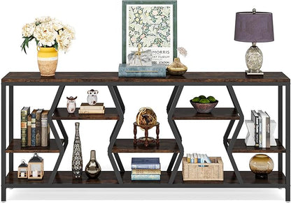 Tribesigns 70.9 Inches Sofa Console Table with 4 Tier Wood Storage Shelves, Industrial Extra Long Narrow Entryway Accent Tables for Hallway, Living Room, Foyer (Rustic Brown)