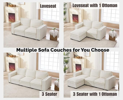 EALSON 67" Sectional Couch Modern Love Seat with Ottoman Modular Cloud Sofa with Deep Seat Comfy Linen Loveseat Sofa Convertible L Shaped Couches 2 Seater Couch for Living Room/Bedroom, White