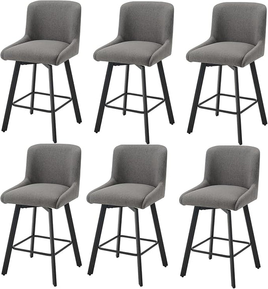 Swivel Bar Stools Set of 6, 26''H Upholstered Barstools with Backs, Modern Counter Height Bar Stool Chairs for Kitchen Island, Metal Legs, Fabric, Gray Counter Stools