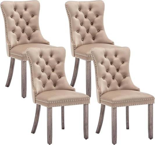 Velvet Dining Chairs Set of 4, Upholstered Dining Room Chairs with Nailhead Ring Pull Trim, Button Tufted Wing Back Chairs for Dining with Solid Wood Legs for Kitchen Dining Room(Khaki)