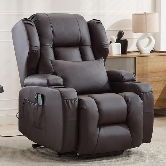 Power Lift Recliner Chair for Elderly, Electric PU Leather Reclining Single Sofa with Massage & Heat, Side Pocket, Cup Holders and USB/Type-C Charge Port for Living Room (Brown)