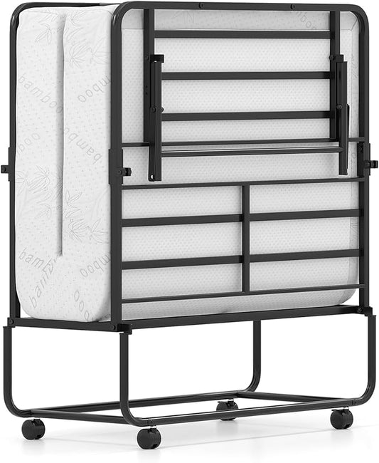 Giantex Twin Folding Bed Frame with Mattress, 75" x 38" Portable Rollaway Guest Bed with Memory Foam Mattress & Metal Frame, Space Saving Roll Away Beds with Mattresses for Adults Guest Apartment