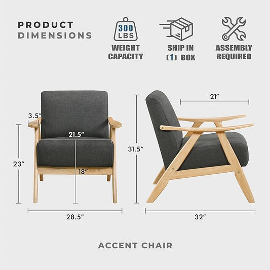 Lexicon Mid Century Modern Accent Chair with Solid Wood Frame in Natural Finish, Textured Fabric Living Room Lounge Arm Chair, Thick and Comfy Innerspring Seat Cushion, Linen-Look Fabric, Dark Gray
