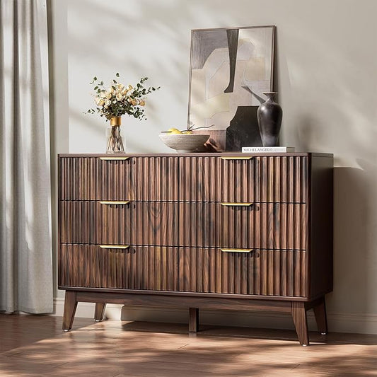 Modern 6 Drawer Dresser, Walnut, Fluted Wave Design, Rounded Corners, Mid Century Dresser TV Stand, 48" Wide Chest of Drawers for Bedroom and Living Room